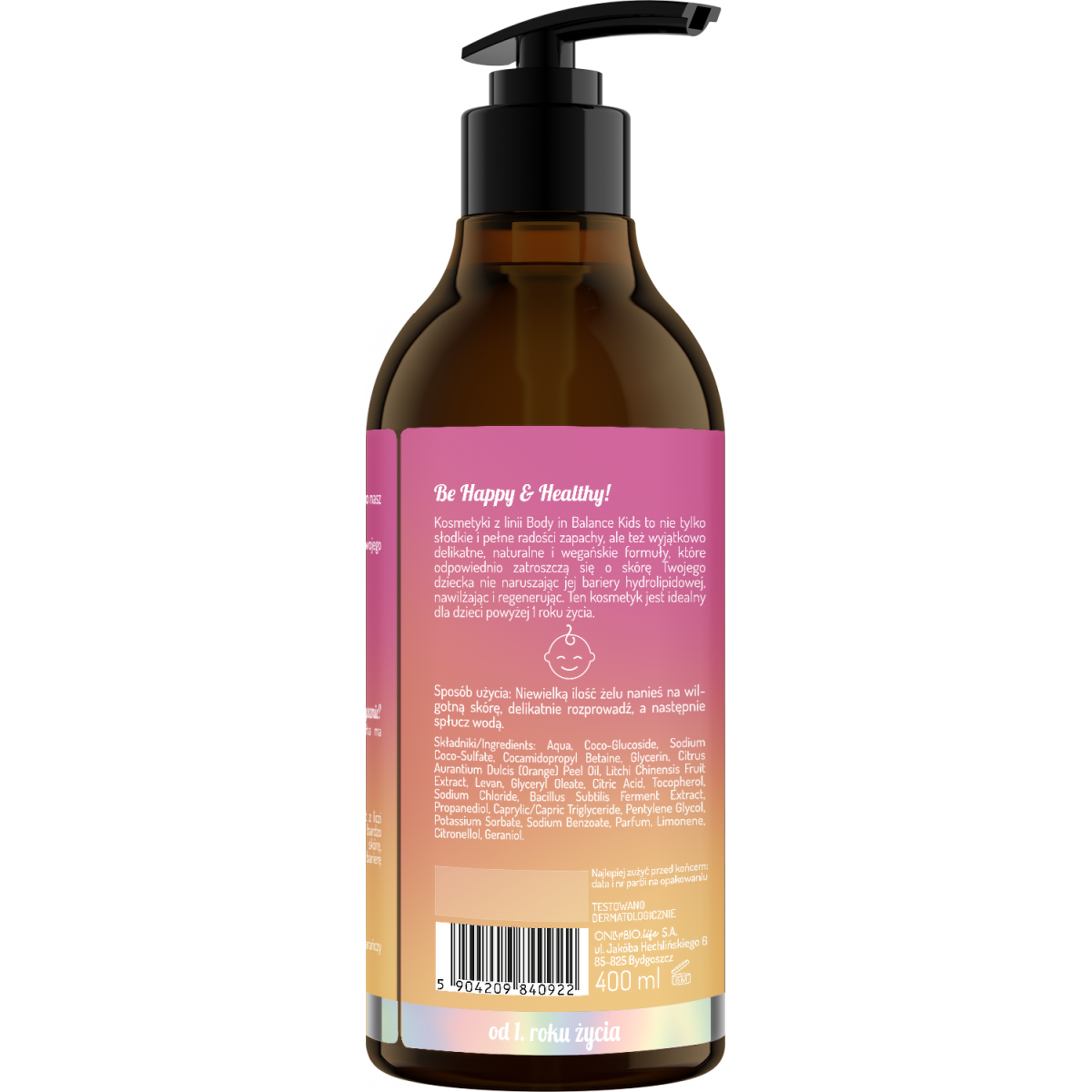 Body in Balance Kids by ONLYBIO Liczi i pomarańcza żel do mycia ciała dla dzieci 400ml