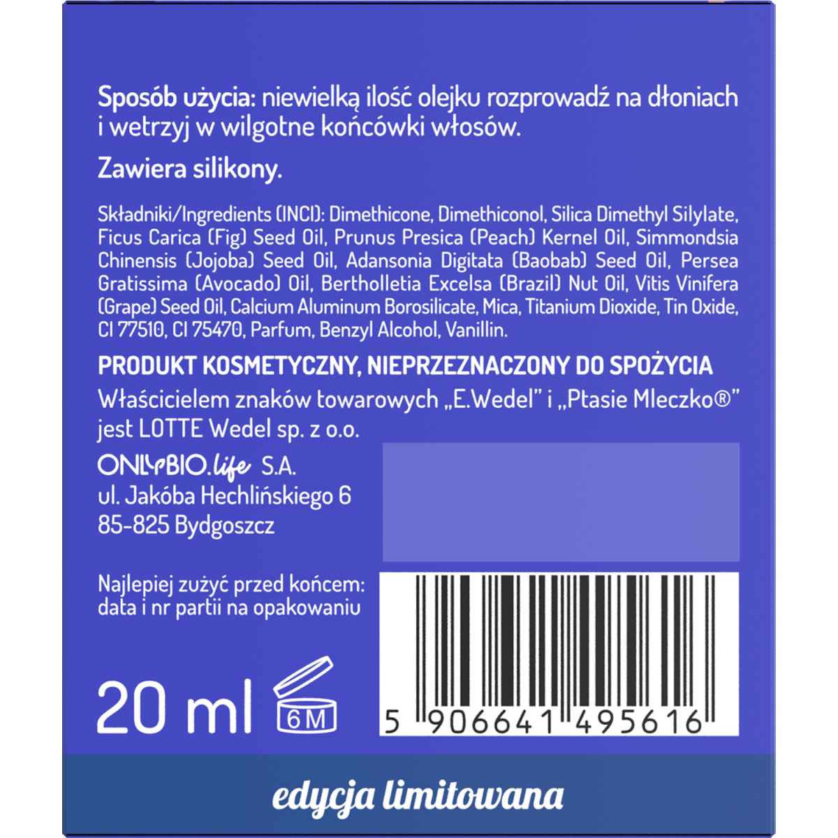 Hair in balance by OnlyBio x Wedel Olejek wygładzający inspirowany zapachem Ptasie Mleczko Jagodowy Shake 20 ml