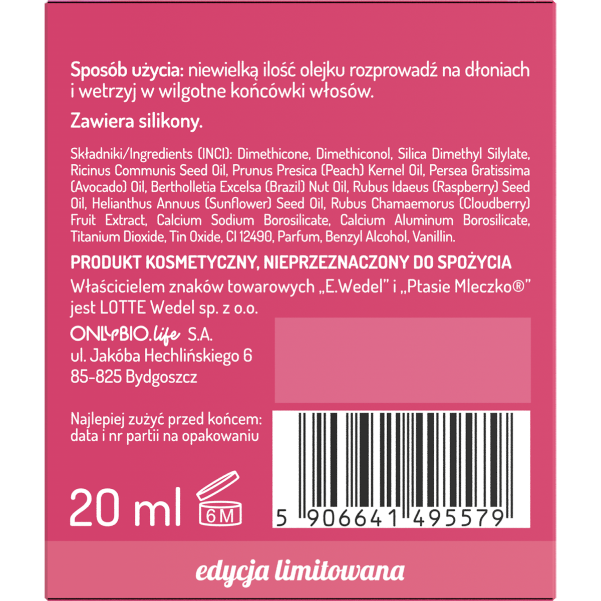 Hair in balance by OnlyBio x Wedel Olejek wygładzający inspirowany zapachem Ptasie Mleczko Mascarpone z Malinami 20 ml
