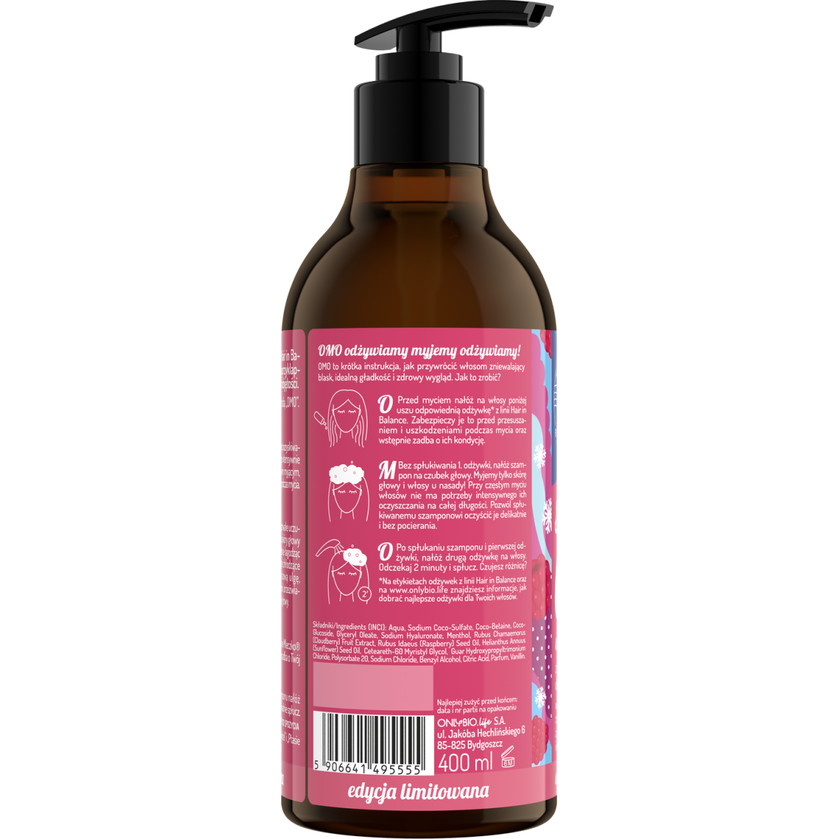 Hair in balance by OnlyBio x Wedel Szampon odświeżający inspirowany zapachem Ptasie Mleczko Mascarpone z Malinami 400 ml