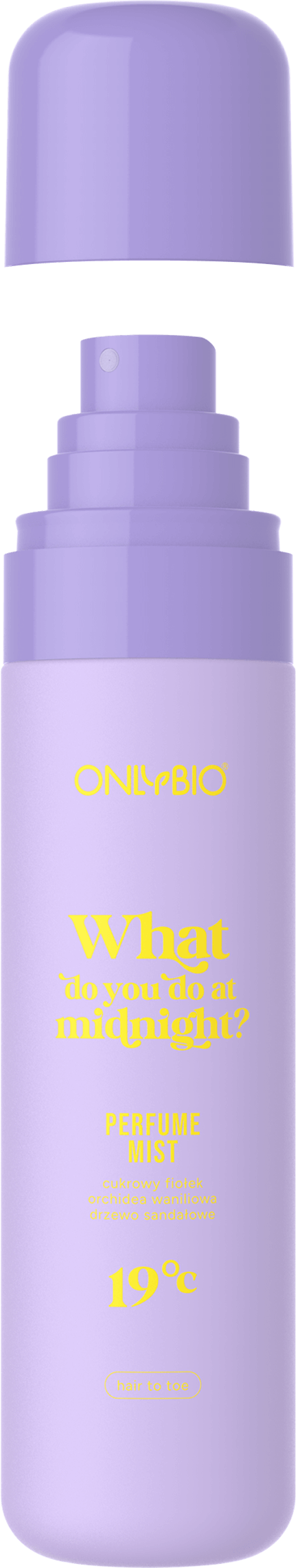 An open bottle of OnlyBio perfumed mist with a visible cap and atomizer