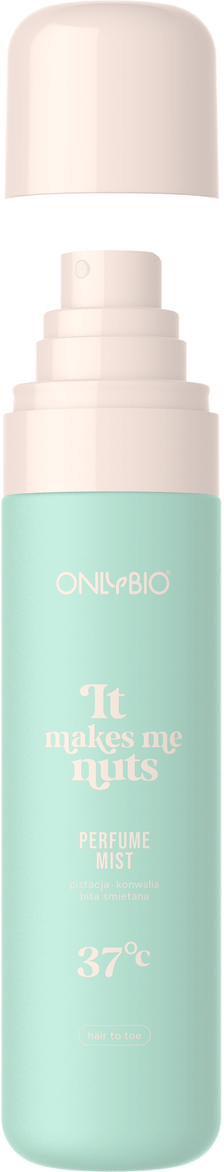 An open bottle of OnlyBio perfumed mist with a visible cap and atomizer