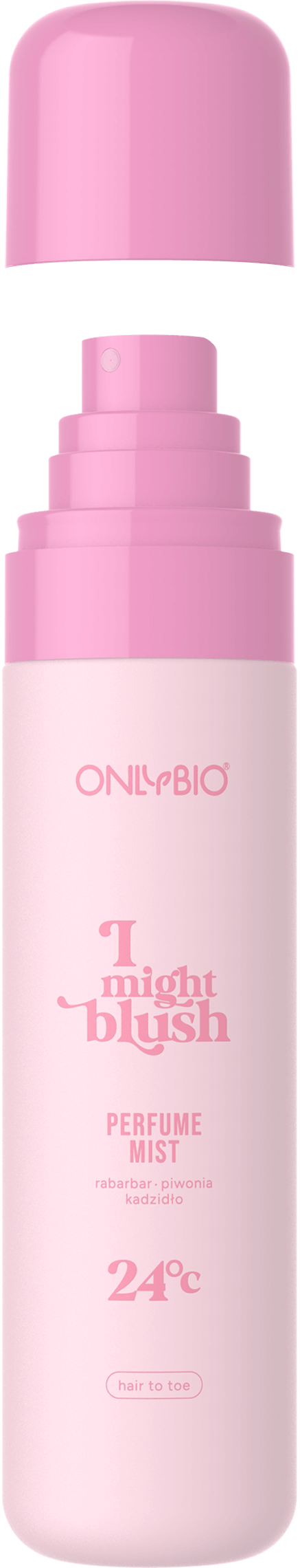 An open bottle of OnlyBio perfumed mist with a visible cap and atomizer